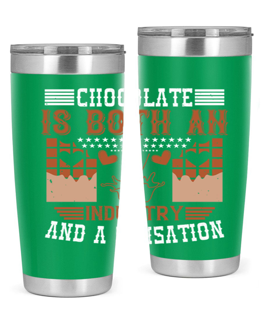 Chocolate-themed 20oz stainless steel tumbler with double wall vacuum insulation and drink-thru lid, perfect for hot and cold beverages.