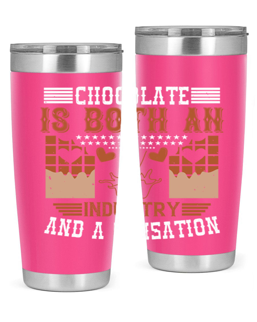 Chocolate-themed 20oz stainless steel tumbler with double wall vacuum insulation and drink-thru lid, perfect for hot and cold beverages.
