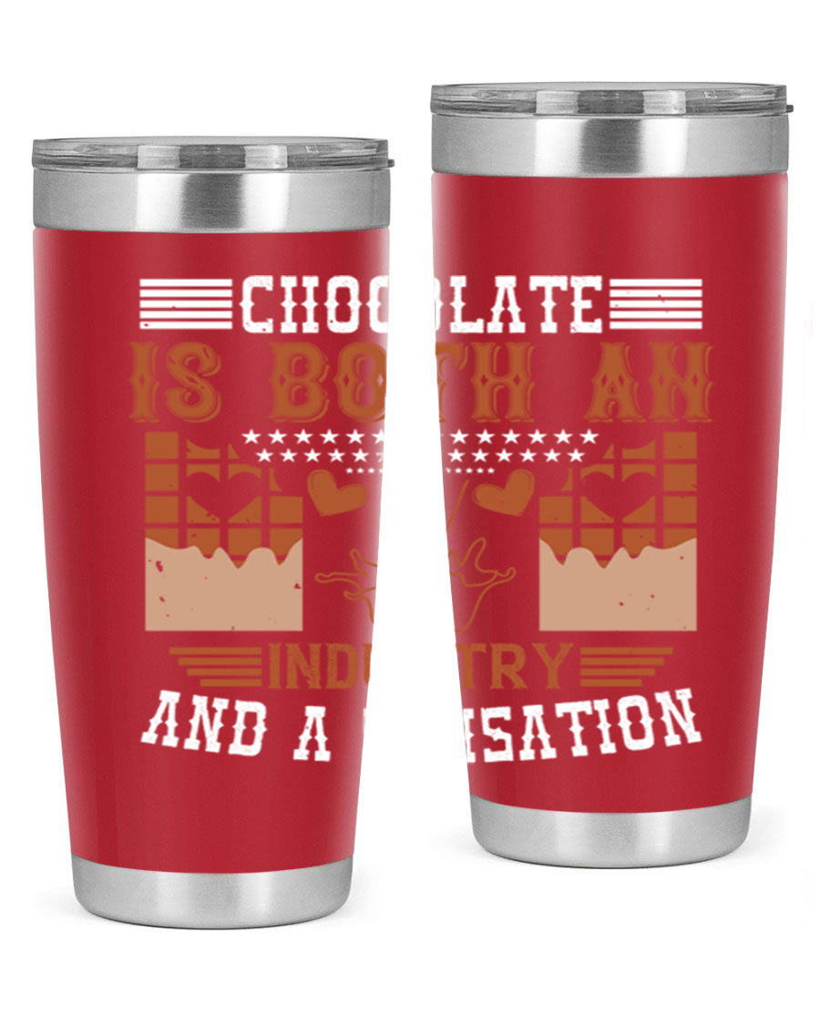 Chocolate-themed 20oz stainless steel tumbler with double wall vacuum insulation and drink-thru lid, perfect for hot and cold beverages.