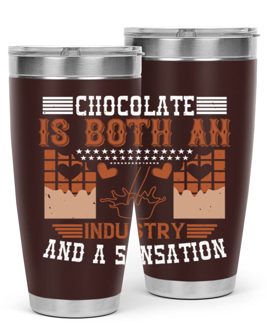 Chocolate-themed 20oz stainless steel tumbler with double wall vacuum insulation and drink-thru lid, perfect for hot and cold beverages.