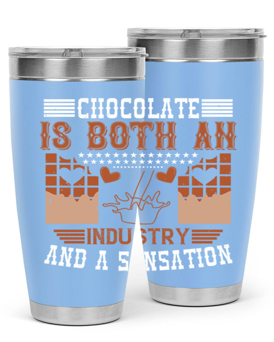 Chocolate-themed 20oz stainless steel tumbler with double wall vacuum insulation and drink-thru lid, perfect for hot and cold beverages.