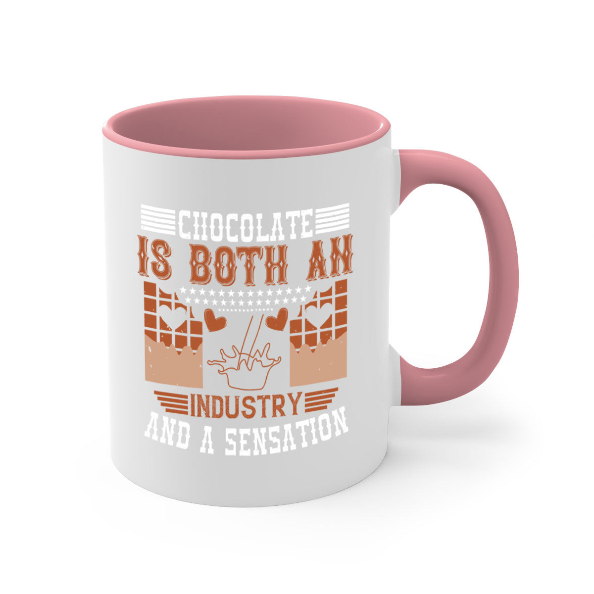 A stylish two-tone ceramic mug with a colored handle and interior, showcasing the phrase 'Chocolate is Both an Industry and a Sensation'. Available in multiple colors.