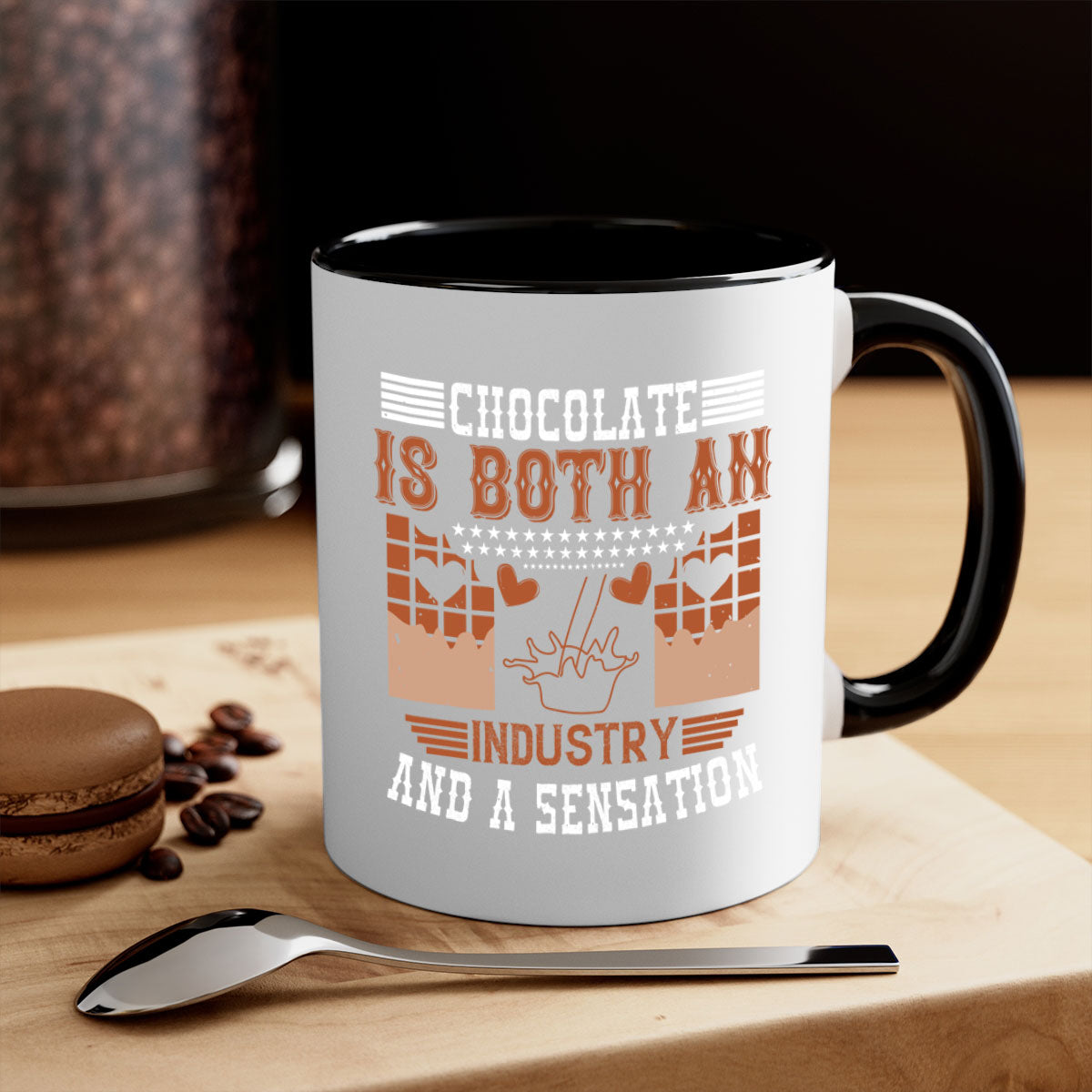 A stylish two-tone ceramic mug with a colored handle and interior, showcasing the phrase 'Chocolate is Both an Industry and a Sensation'. Available in multiple colors.