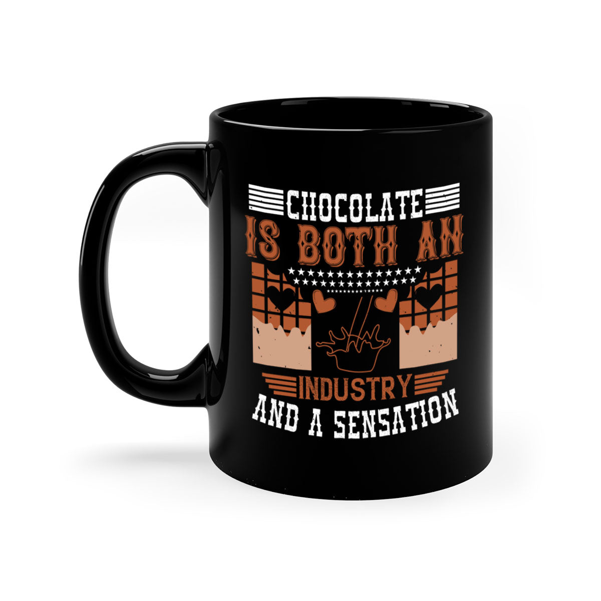 A stylish two-tone ceramic mug with a colored handle and interior, showcasing the phrase 'Chocolate is Both an Industry and a Sensation'. Available in multiple colors.