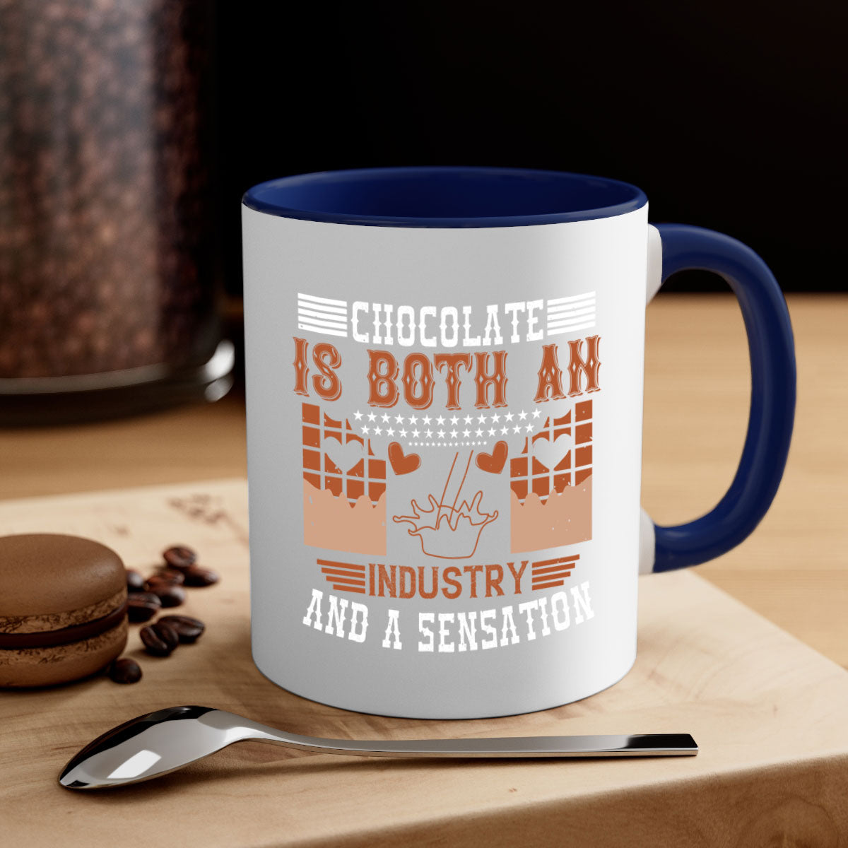 A stylish two-tone ceramic mug with a colored handle and interior, showcasing the phrase 'Chocolate is Both an Industry and a Sensation'. Available in multiple colors.