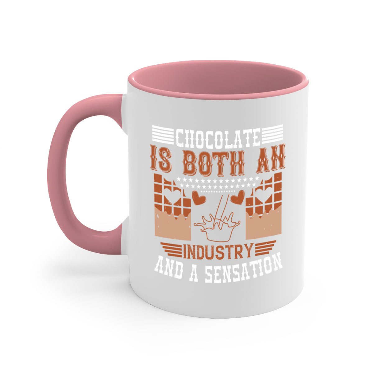 A stylish two-tone ceramic mug with a colored handle and interior, showcasing the phrase 'Chocolate is Both an Industry and a Sensation'. Available in multiple colors.