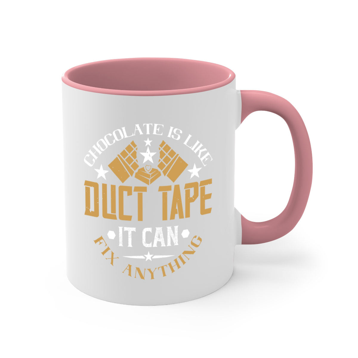 A two-tone ceramic mug with a humorous quote 'Chocolate is Like Duct Tape It Can Fix Anything', featuring a colored handle and glossy finish.