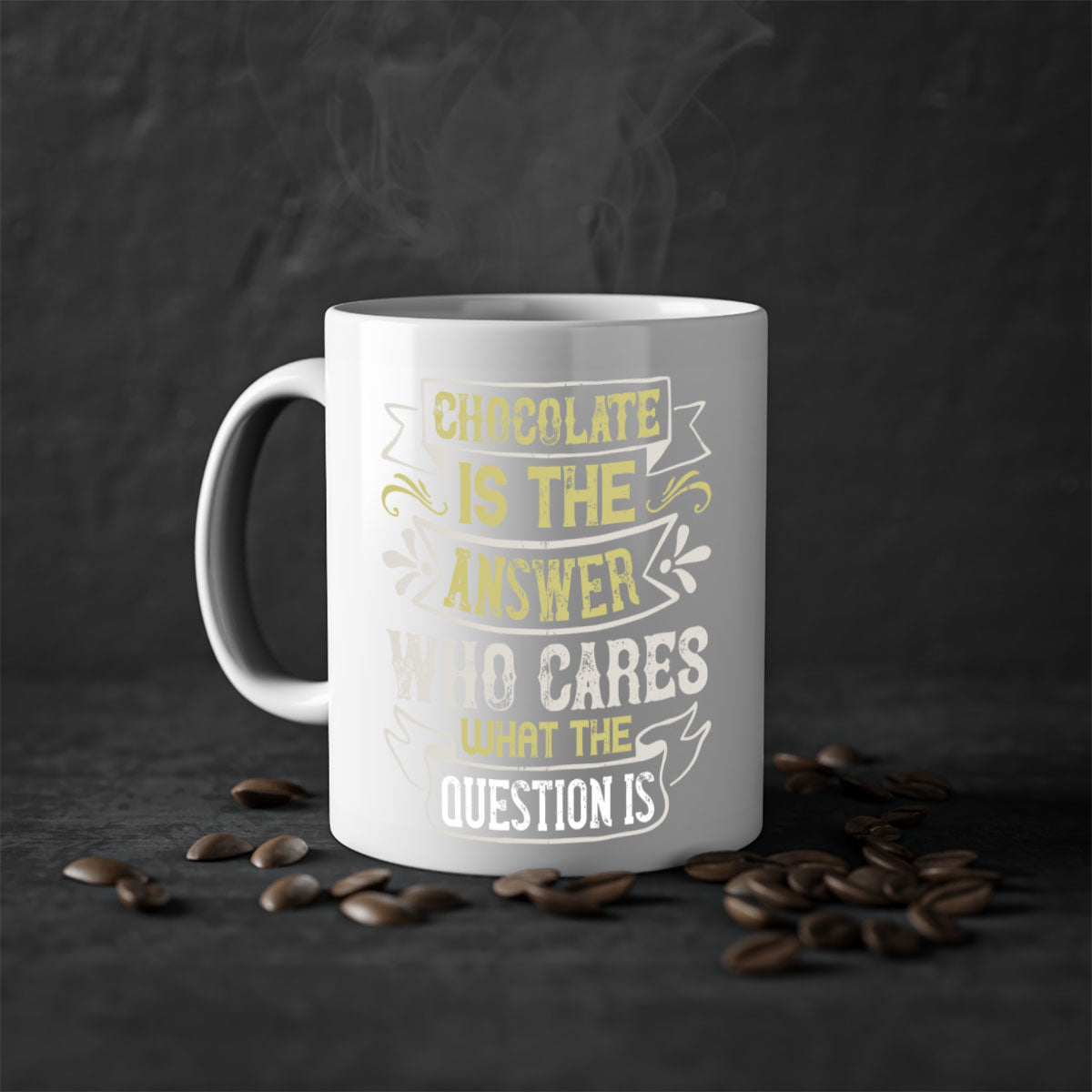 Two-tone ceramic mug with colored handle and interior, featuring the phrase 'Chocolate is the answer Who cares what the question is'.