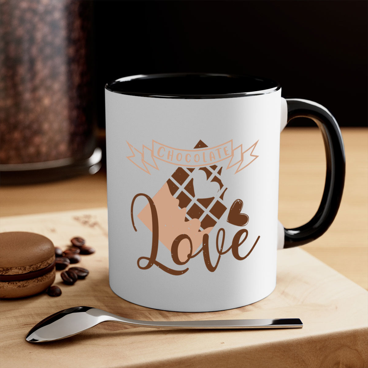 Chocolate Love 44# Mug featuring a glossy finish, colored handle, and interior, available in five vibrant colors.