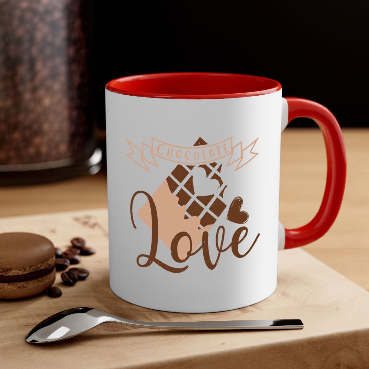 Chocolate Love 44# Mug featuring a glossy finish, colored handle, and interior, available in five vibrant colors.
