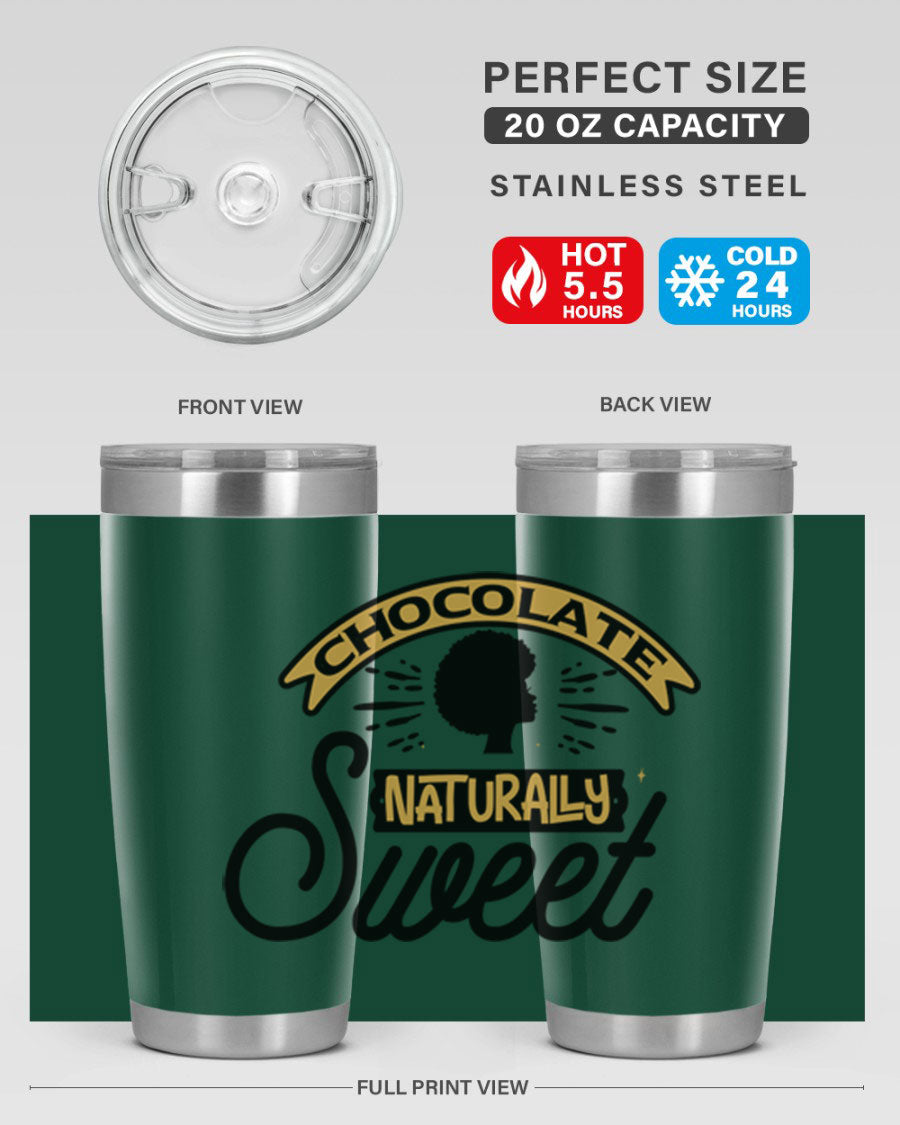 Chocolate Naturally Sweet Style 44# Tumbler, 20oz, double wall vacuum stainless steel with copper lining, featuring a drink-thru lid.