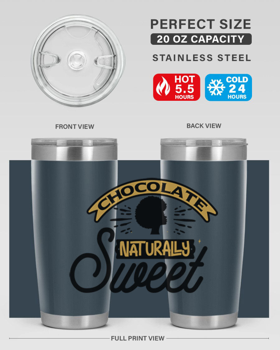 Chocolate Naturally Sweet Style 44# Tumbler, 20oz, double wall vacuum stainless steel with copper lining, featuring a drink-thru lid.