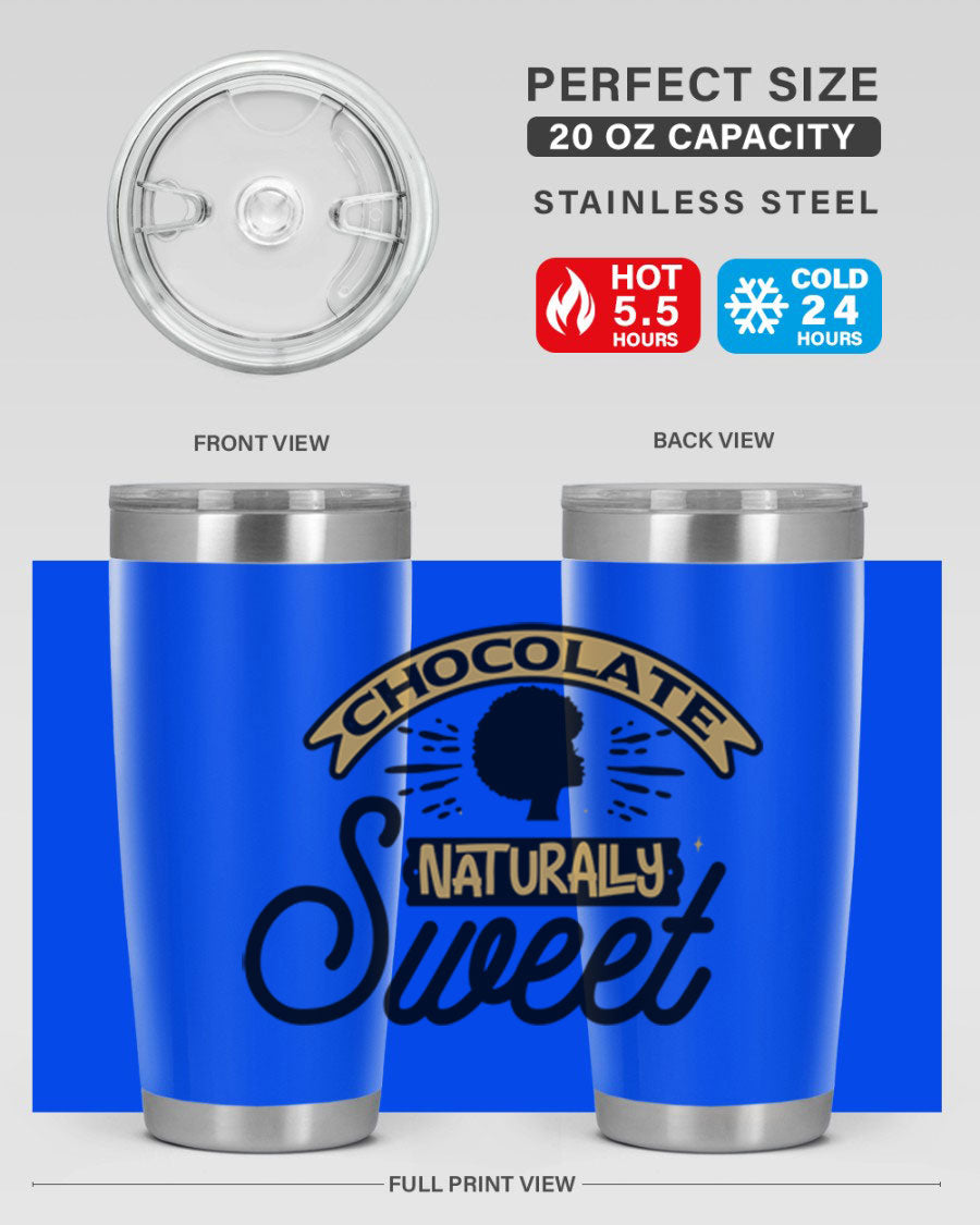 Chocolate Naturally Sweet Style 44# Tumbler, 20oz, double wall vacuum stainless steel with copper lining, featuring a drink-thru lid.