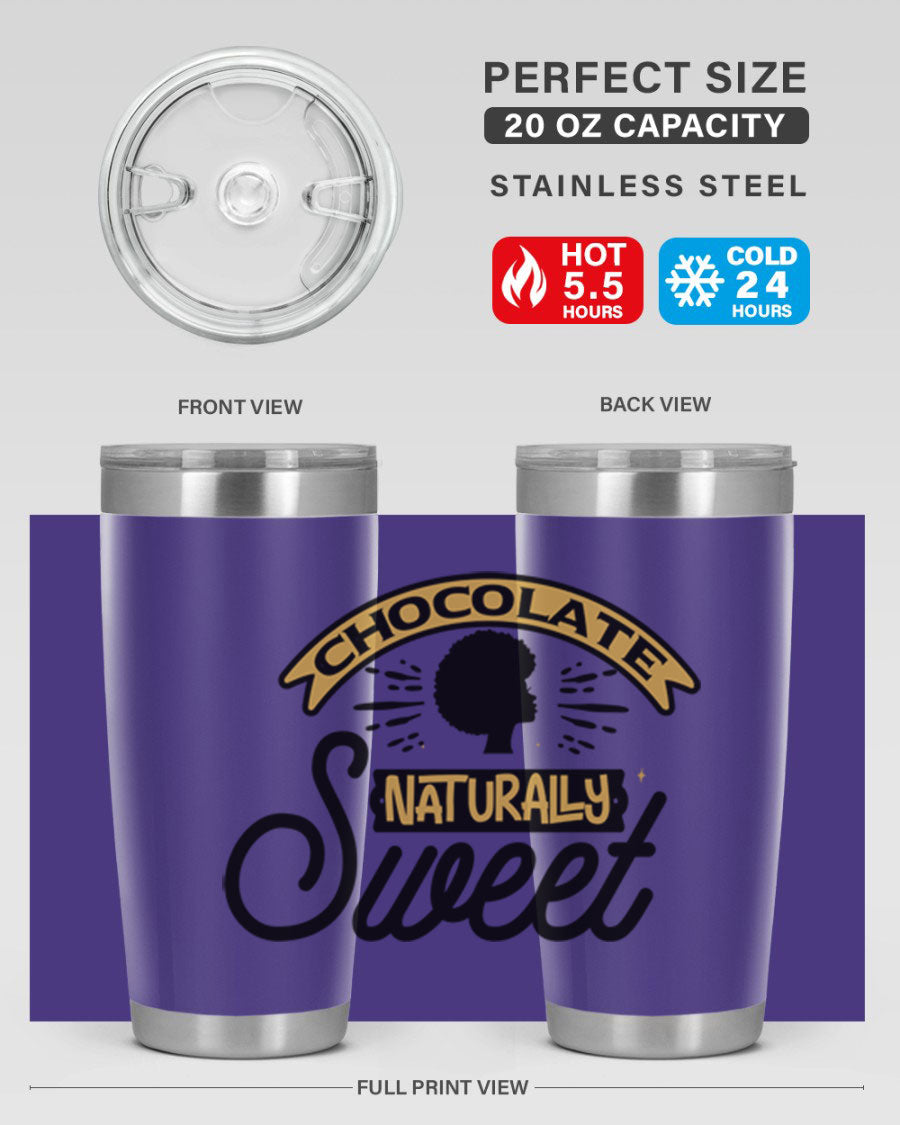 Chocolate Naturally Sweet Style 44# Tumbler, 20oz, double wall vacuum stainless steel with copper lining, featuring a drink-thru lid.