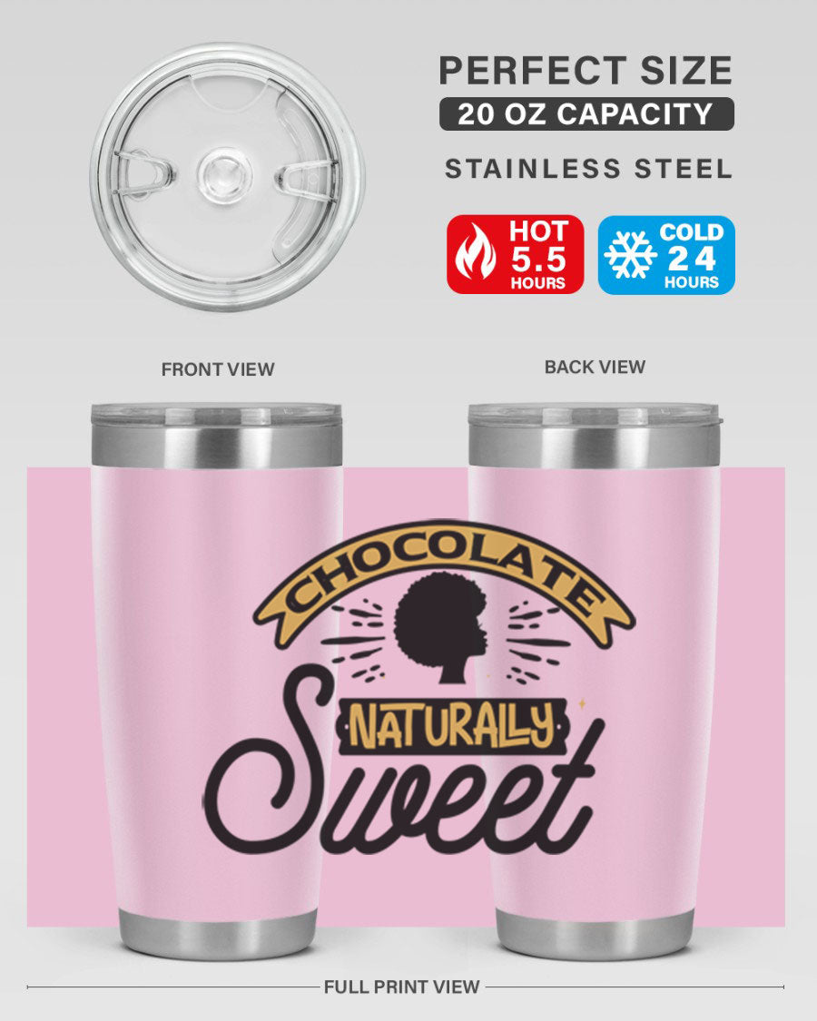 Chocolate Naturally Sweet Style 44# Tumbler, 20oz, double wall vacuum stainless steel with copper lining, featuring a drink-thru lid.