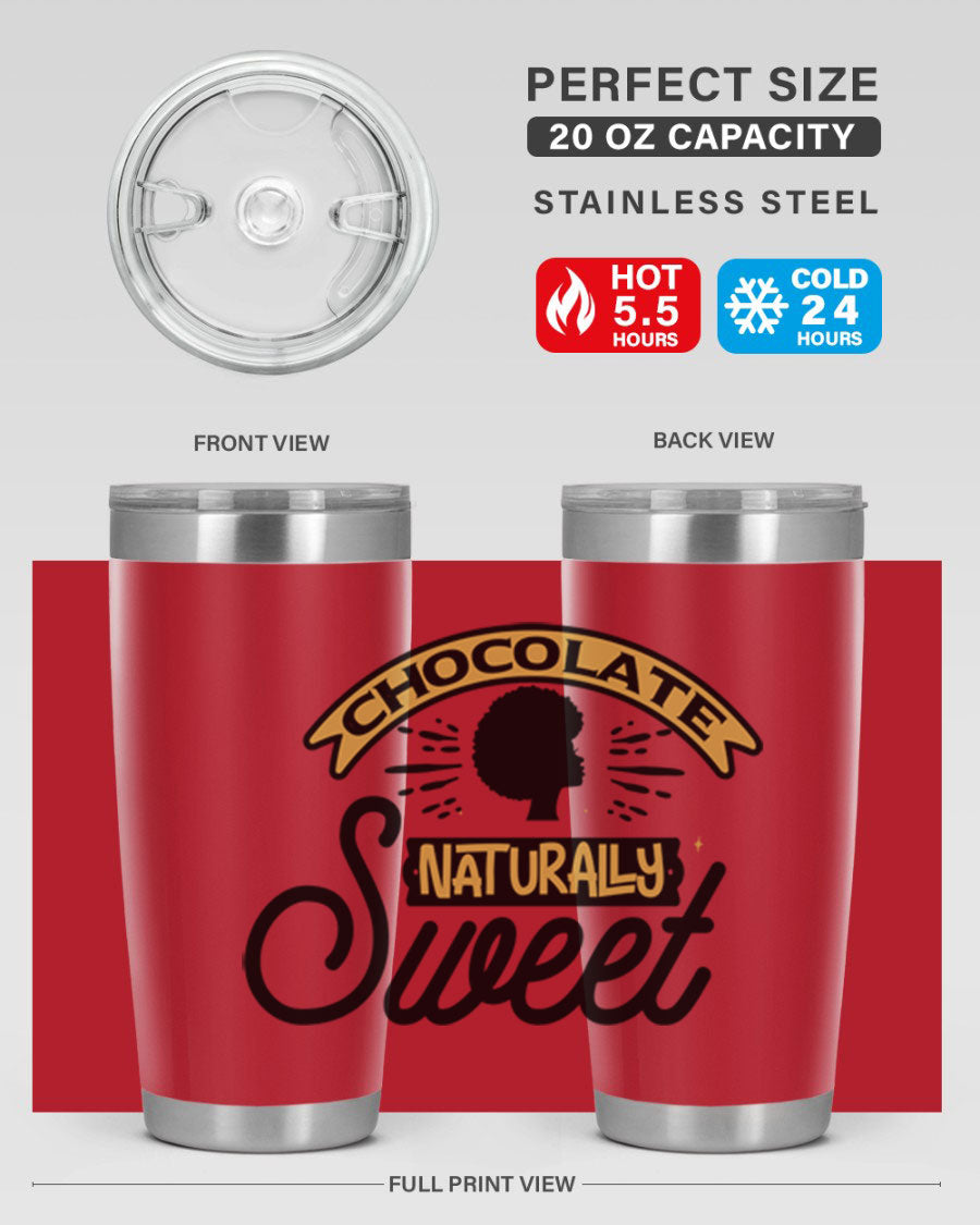 Chocolate Naturally Sweet Style 44# Tumbler, 20oz, double wall vacuum stainless steel with copper lining, featuring a drink-thru lid.