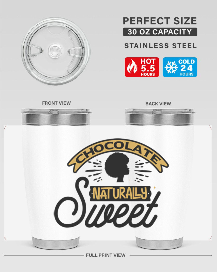 Chocolate Naturally Sweet Style 44# Tumbler, 20oz, double wall vacuum stainless steel with copper lining, featuring a drink-thru lid.