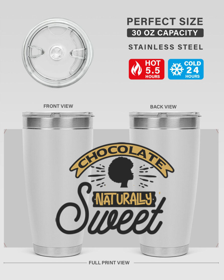 Chocolate Naturally Sweet Style 44# Tumbler, 20oz, double wall vacuum stainless steel with copper lining, featuring a drink-thru lid.