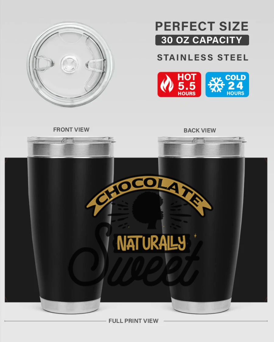 Chocolate Naturally Sweet Style 44# Tumbler, 20oz, double wall vacuum stainless steel with copper lining, featuring a drink-thru lid.