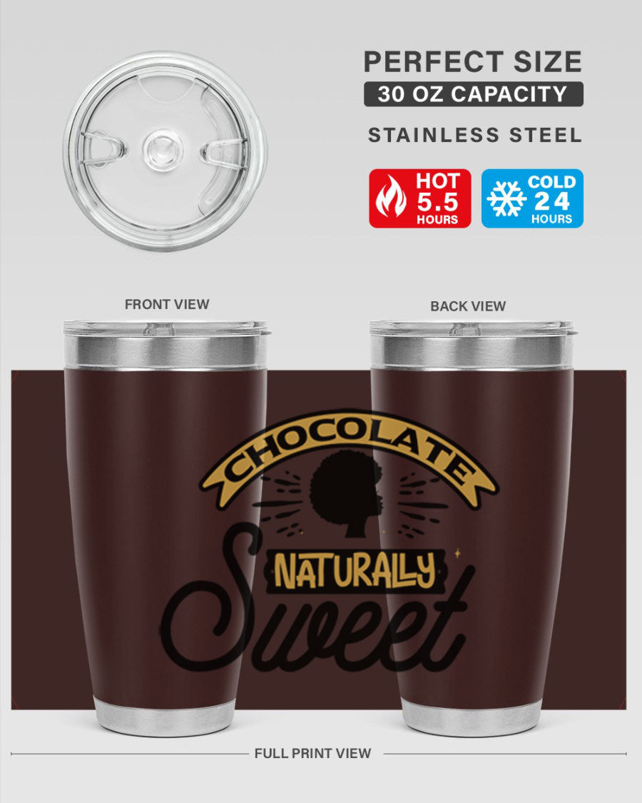 Chocolate Naturally Sweet Style 44# Tumbler, 20oz, double wall vacuum stainless steel with copper lining, featuring a drink-thru lid.