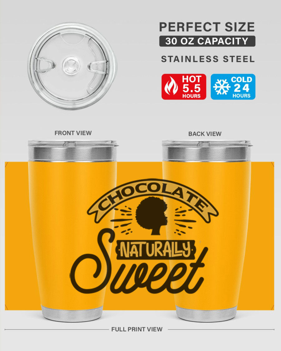 Chocolate Naturally Sweet Style 44# Tumbler, 20oz, double wall vacuum stainless steel with copper lining, featuring a drink-thru lid.