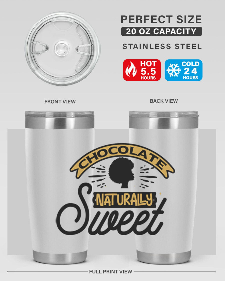 Chocolate Naturally Sweet Style 44# Tumbler, 20oz, double wall vacuum stainless steel with copper lining, featuring a drink-thru lid.