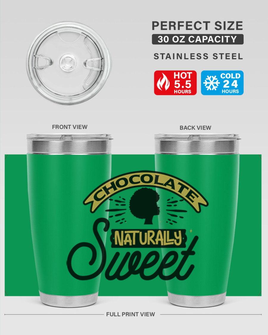 Chocolate Naturally Sweet Style 44# Tumbler, 20oz, double wall vacuum stainless steel with copper lining, featuring a drink-thru lid.