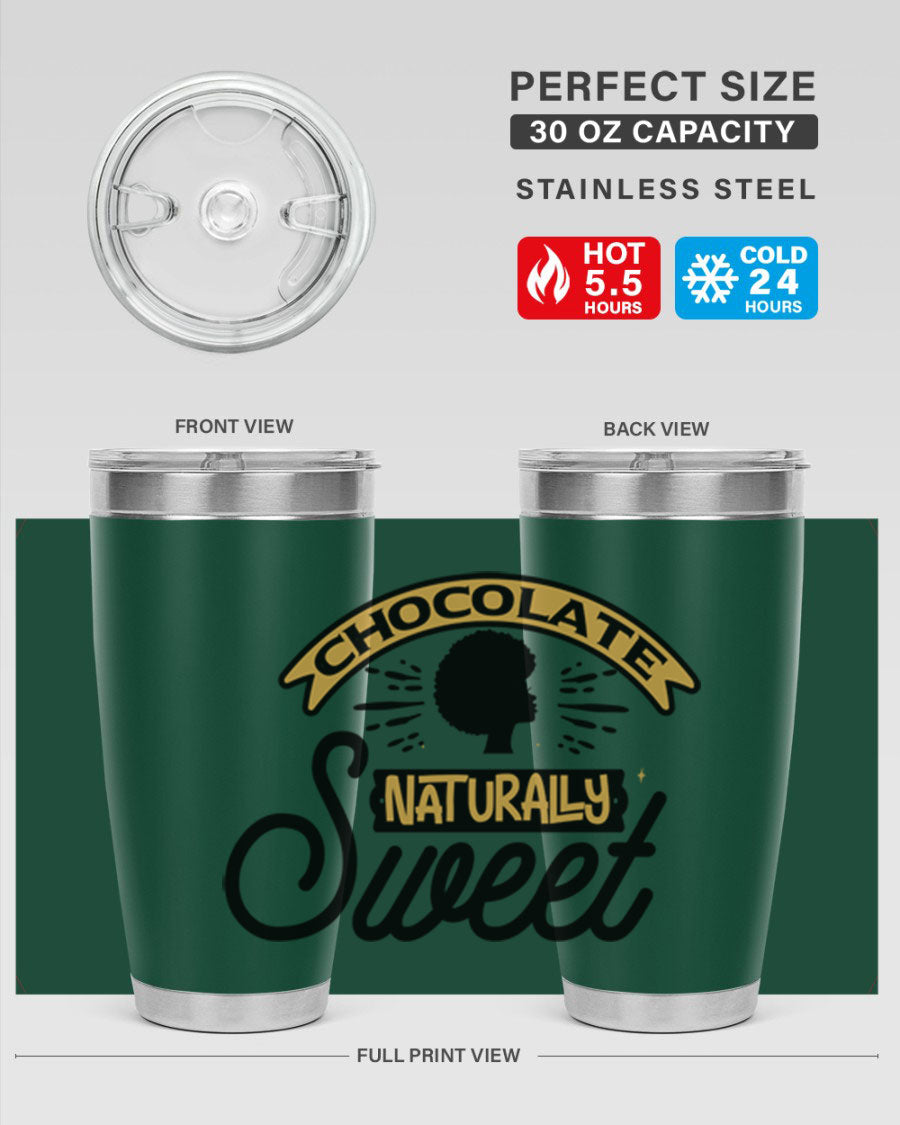 Chocolate Naturally Sweet Style 44# Tumbler, 20oz, double wall vacuum stainless steel with copper lining, featuring a drink-thru lid.