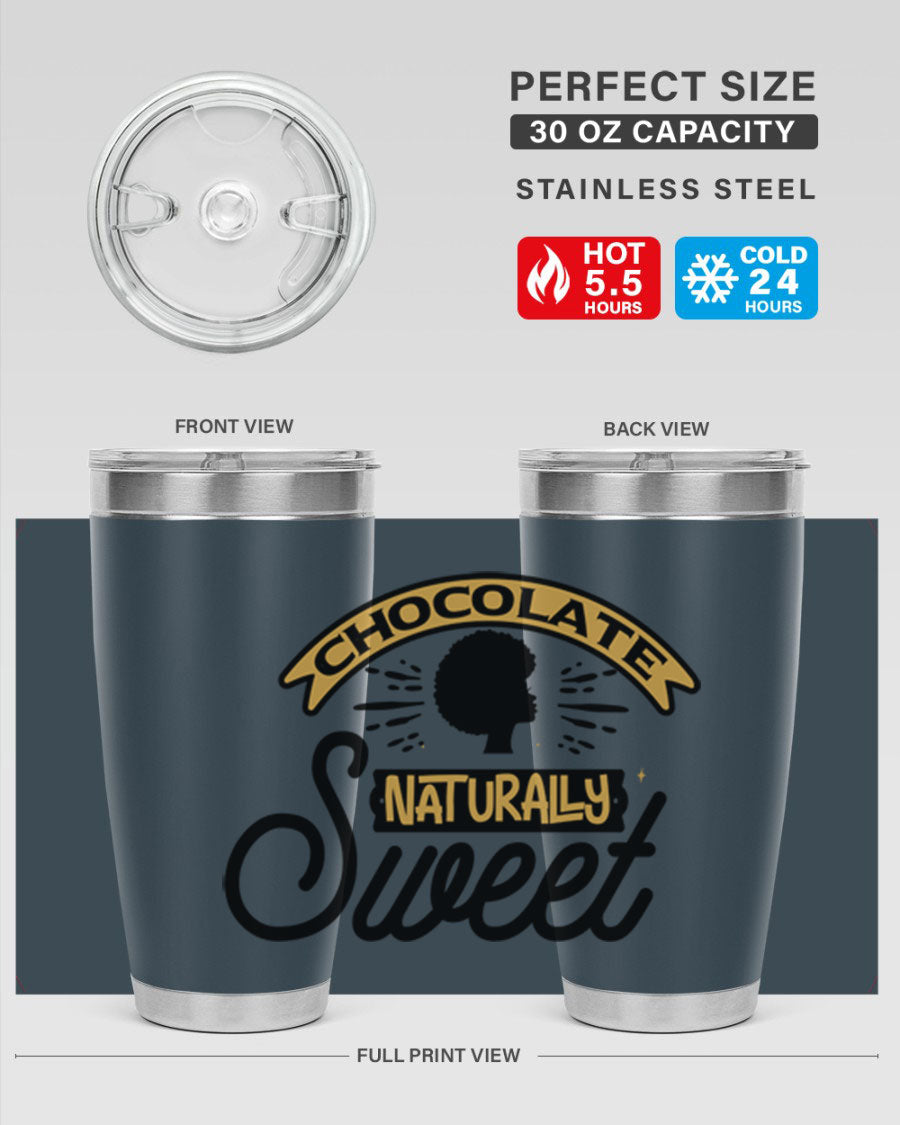 Chocolate Naturally Sweet Style 44# Tumbler, 20oz, double wall vacuum stainless steel with copper lining, featuring a drink-thru lid.
