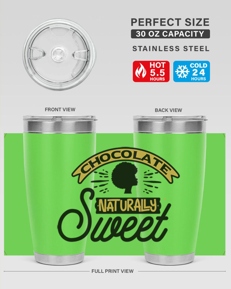 Chocolate Naturally Sweet Style 44# Tumbler, 20oz, double wall vacuum stainless steel with copper lining, featuring a drink-thru lid.