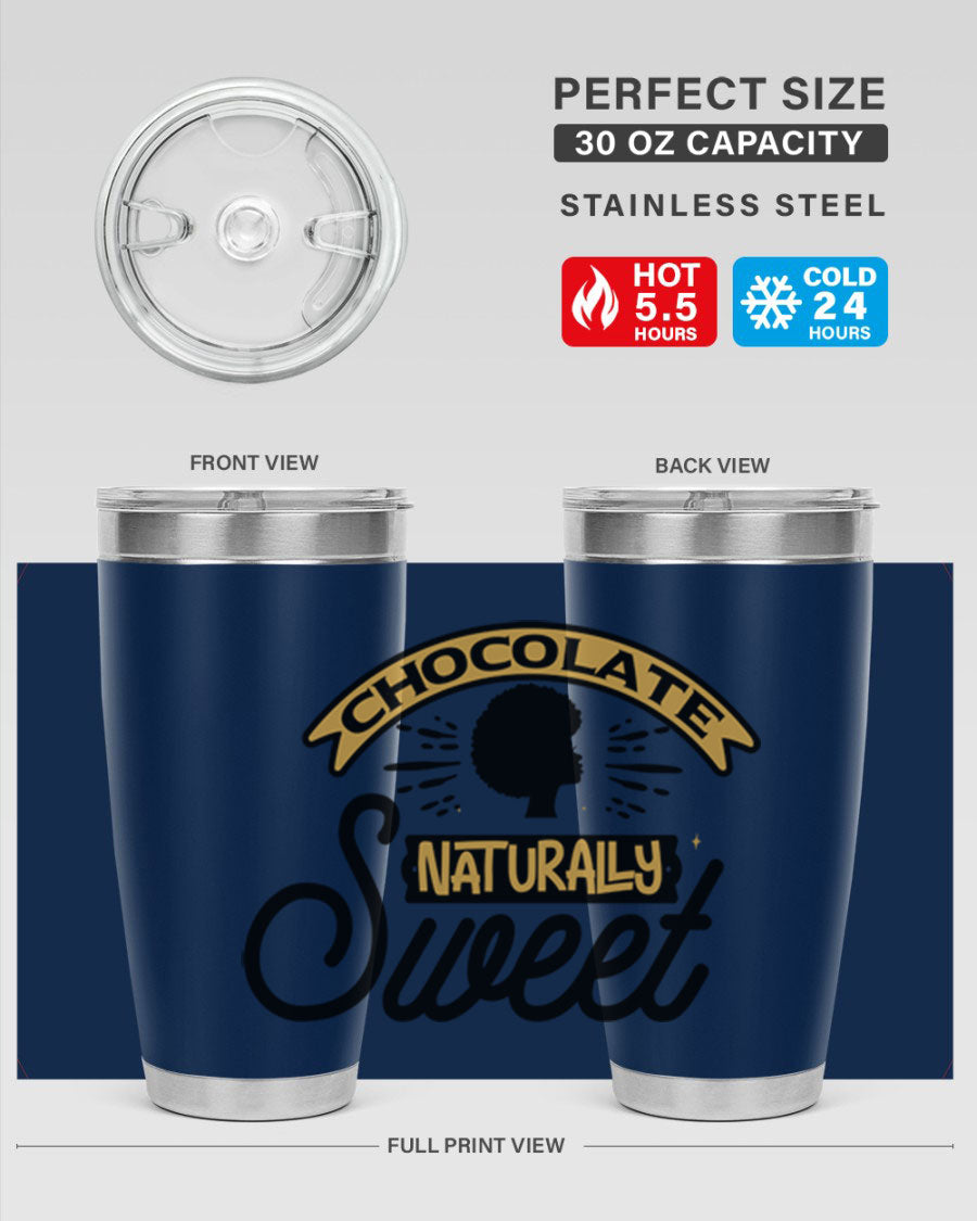Chocolate Naturally Sweet Style 44# Tumbler, 20oz, double wall vacuum stainless steel with copper lining, featuring a drink-thru lid.