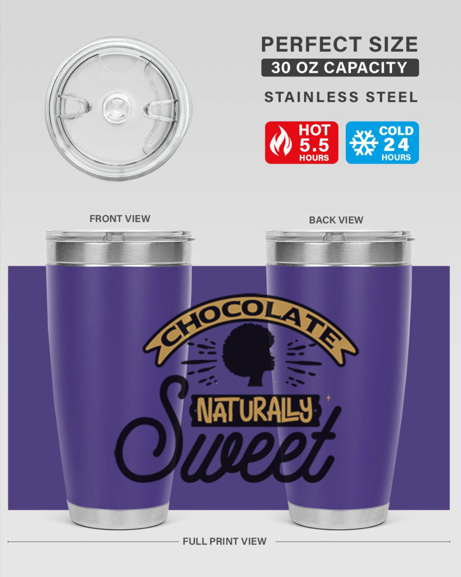 Chocolate Naturally Sweet Style 44# Tumbler, 20oz, double wall vacuum stainless steel with copper lining, featuring a drink-thru lid.