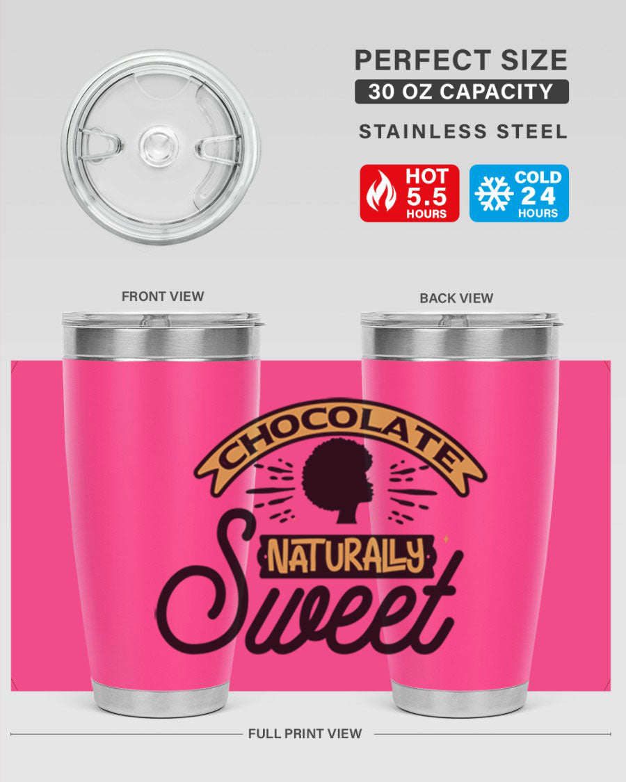 Chocolate Naturally Sweet Style 44# Tumbler, 20oz, double wall vacuum stainless steel with copper lining, featuring a drink-thru lid.