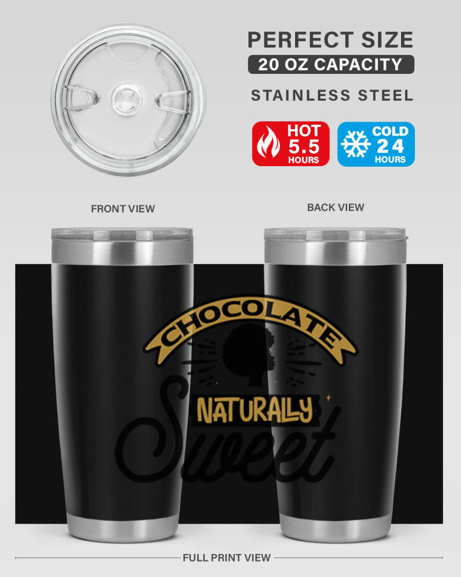 Chocolate Naturally Sweet Style 44# Tumbler, 20oz, double wall vacuum stainless steel with copper lining, featuring a drink-thru lid.