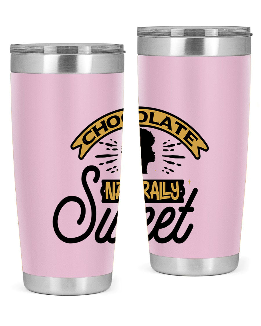 Chocolate Naturally Sweet Style 44# Tumbler, 20oz, double wall vacuum stainless steel with copper lining, featuring a drink-thru lid.