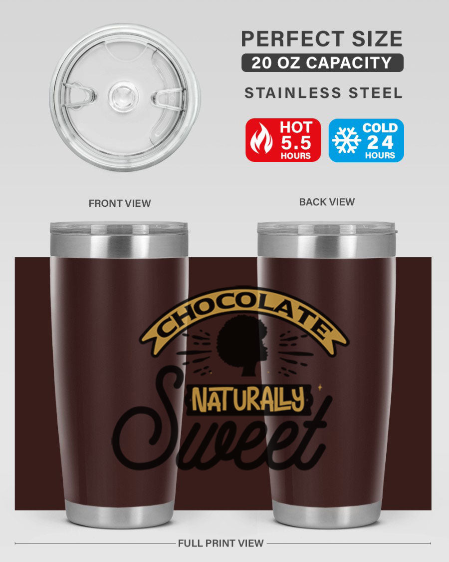 Chocolate Naturally Sweet Style 44# Tumbler, 20oz, double wall vacuum stainless steel with copper lining, featuring a drink-thru lid.