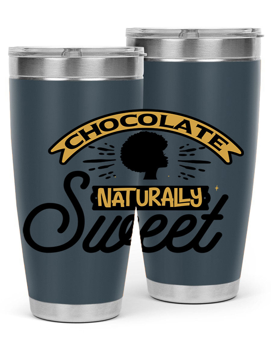 Chocolate Naturally Sweet Style 44# Tumbler, 20oz, double wall vacuum stainless steel with copper lining, featuring a drink-thru lid.