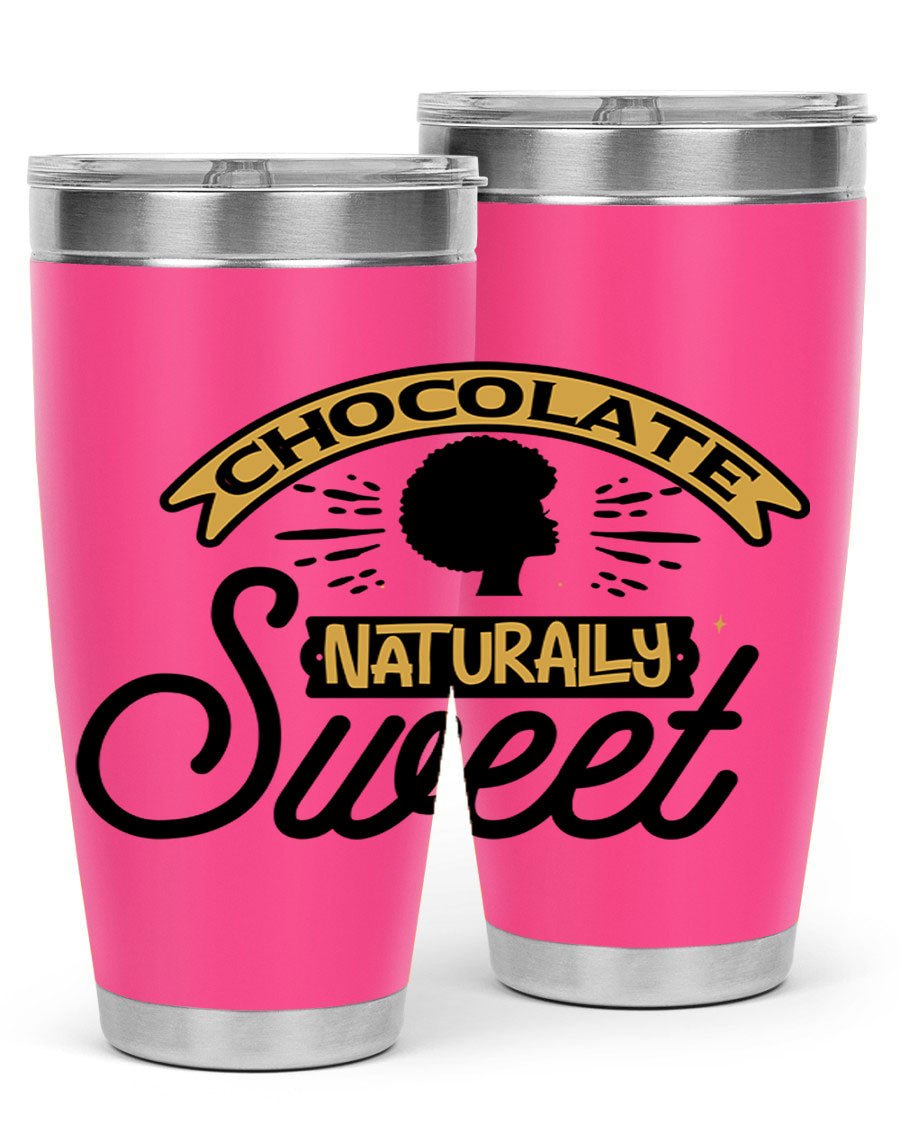 Chocolate Naturally Sweet Style 44# Tumbler, 20oz, double wall vacuum stainless steel with copper lining, featuring a drink-thru lid.