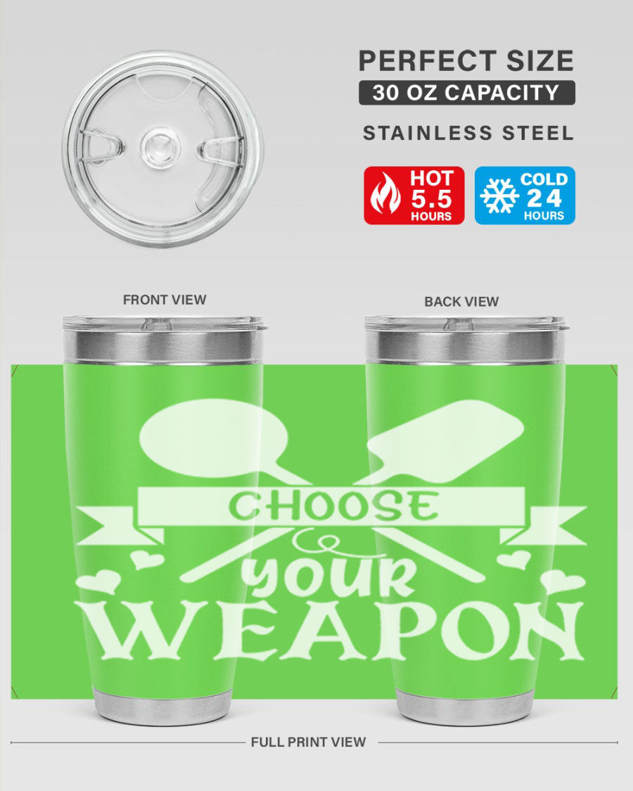Choose Your Weapon 48# Kitchen Tumbler in stainless steel with a vibrant design, showcasing its double wall vacuum insulation and drink-thru lid.
