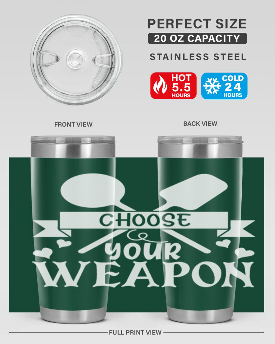 Choose Your Weapon 48# Kitchen Tumbler in stainless steel with a vibrant design, showcasing its double wall vacuum insulation and drink-thru lid.