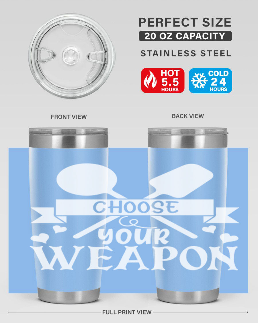 Choose Your Weapon 48# Kitchen Tumbler in stainless steel with a vibrant design, showcasing its double wall vacuum insulation and drink-thru lid.