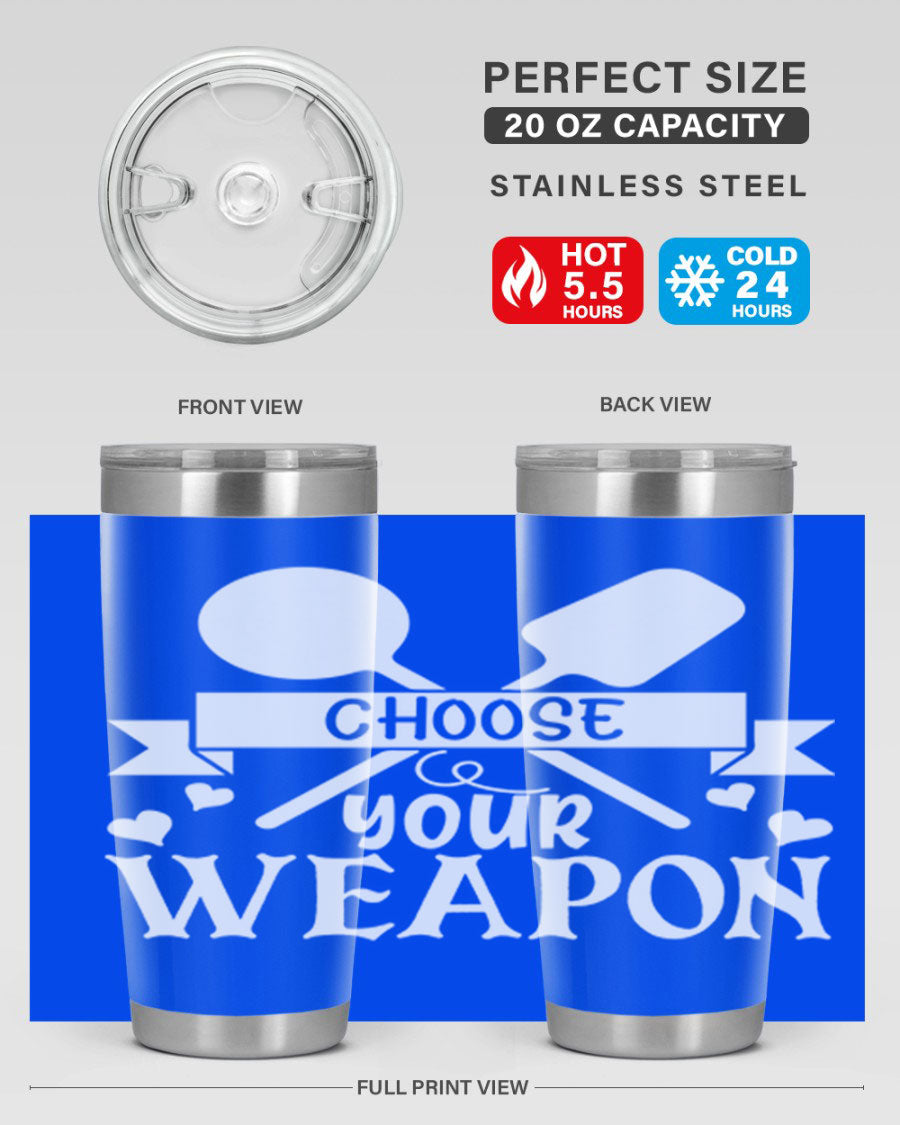 Choose Your Weapon 48# Kitchen Tumbler in stainless steel with a vibrant design, showcasing its double wall vacuum insulation and drink-thru lid.