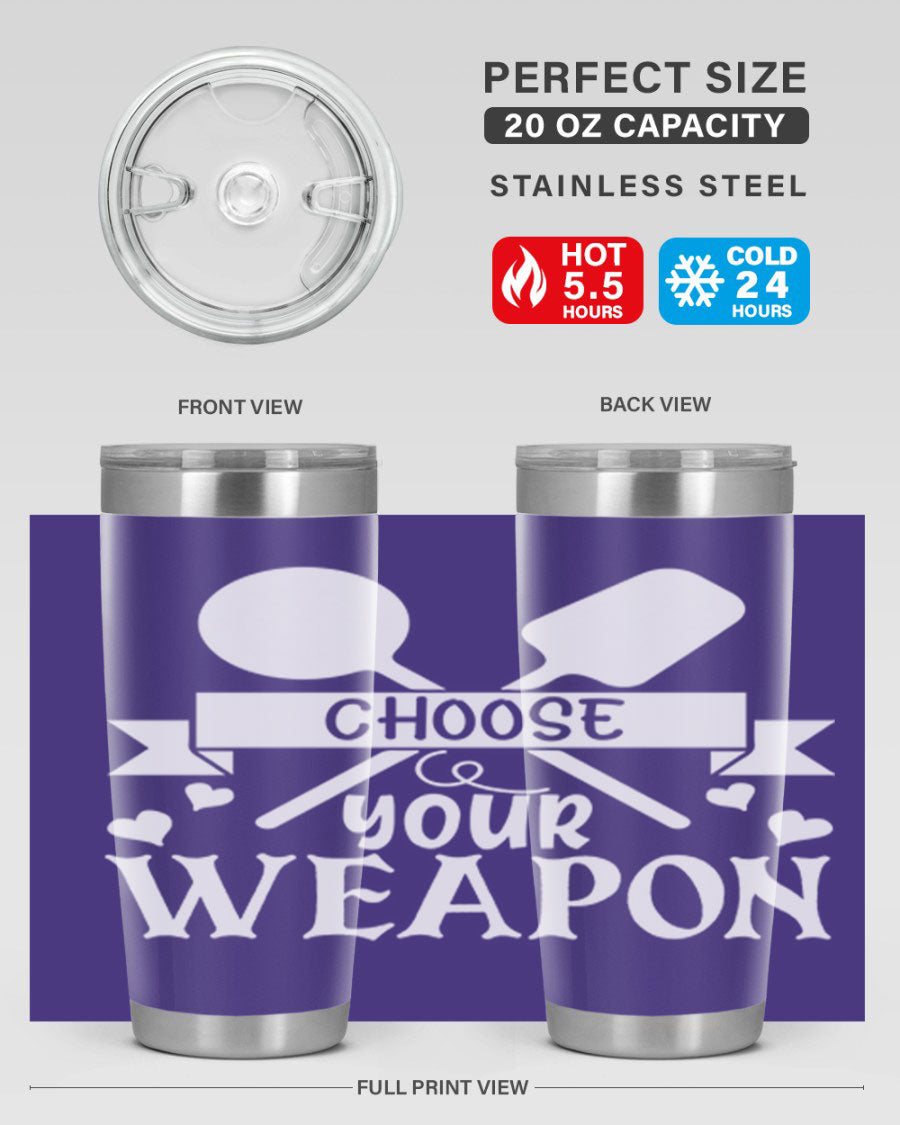 Choose Your Weapon 48# Kitchen Tumbler in stainless steel with a vibrant design, showcasing its double wall vacuum insulation and drink-thru lid.