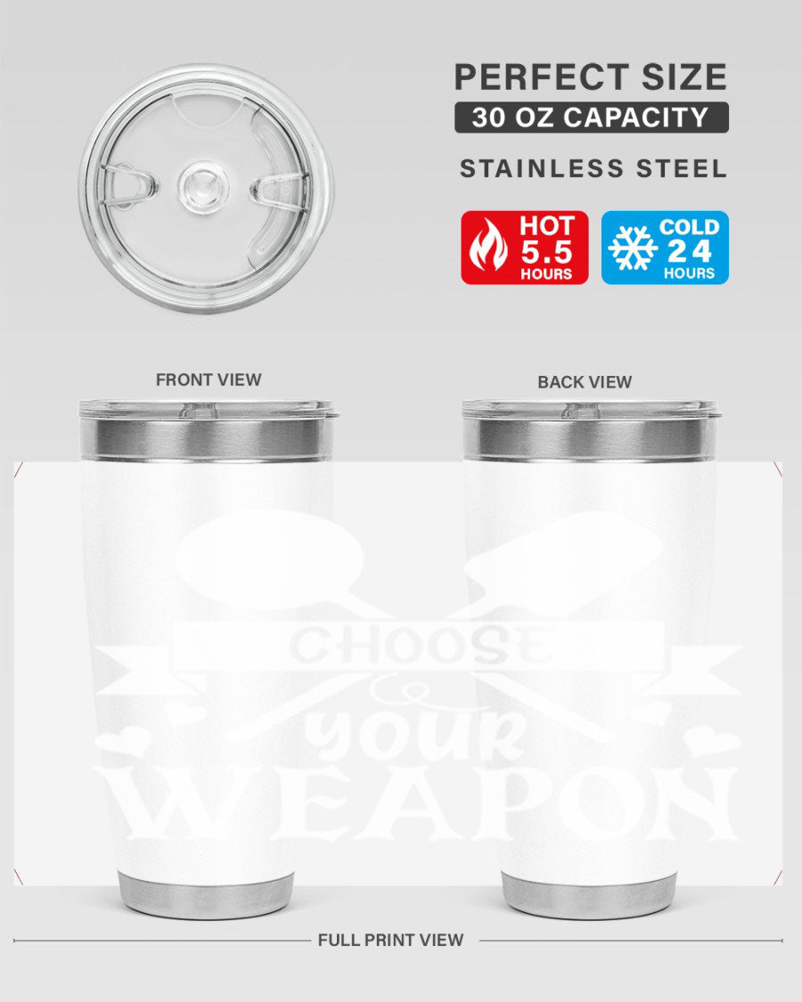 Choose Your Weapon 48# Kitchen Tumbler in stainless steel with a vibrant design, showcasing its double wall vacuum insulation and drink-thru lid.