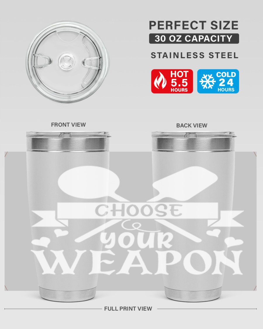 Choose Your Weapon 48# Kitchen Tumbler in stainless steel with a vibrant design, showcasing its double wall vacuum insulation and drink-thru lid.