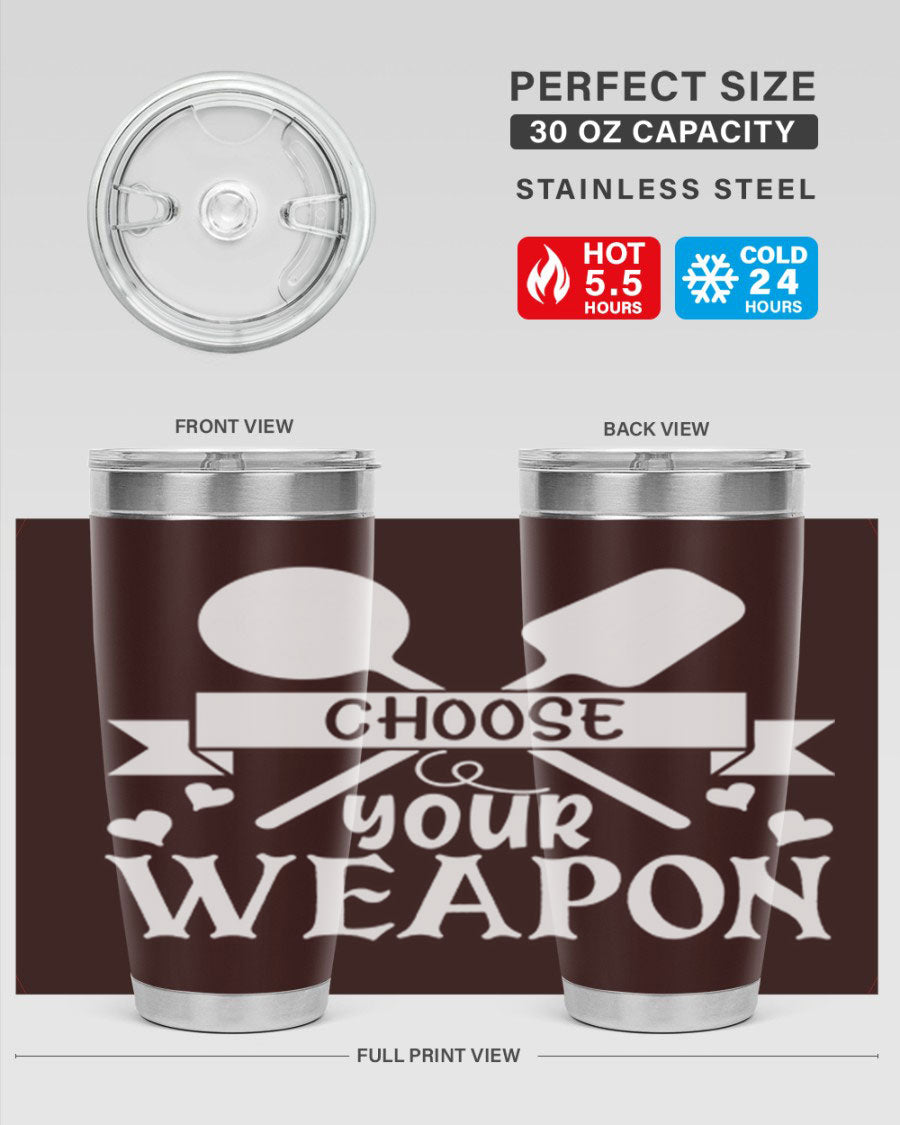 Choose Your Weapon 48# Kitchen Tumbler in stainless steel with a vibrant design, showcasing its double wall vacuum insulation and drink-thru lid.