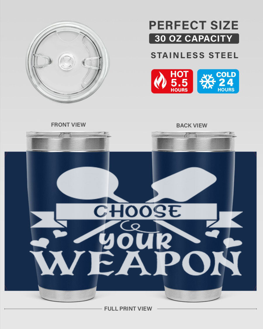 Choose Your Weapon 48# Kitchen Tumbler in stainless steel with a vibrant design, showcasing its double wall vacuum insulation and drink-thru lid.