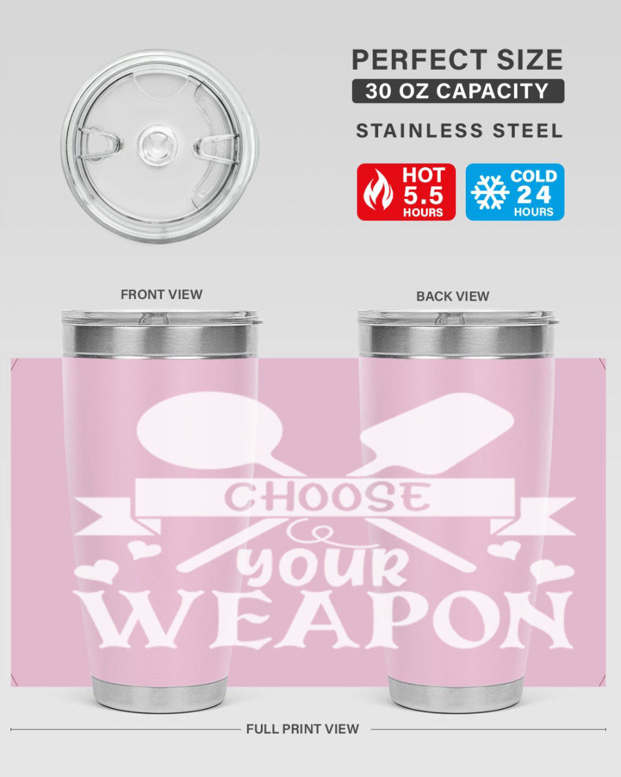 Choose Your Weapon 48# Kitchen Tumbler in stainless steel with a vibrant design, showcasing its double wall vacuum insulation and drink-thru lid.