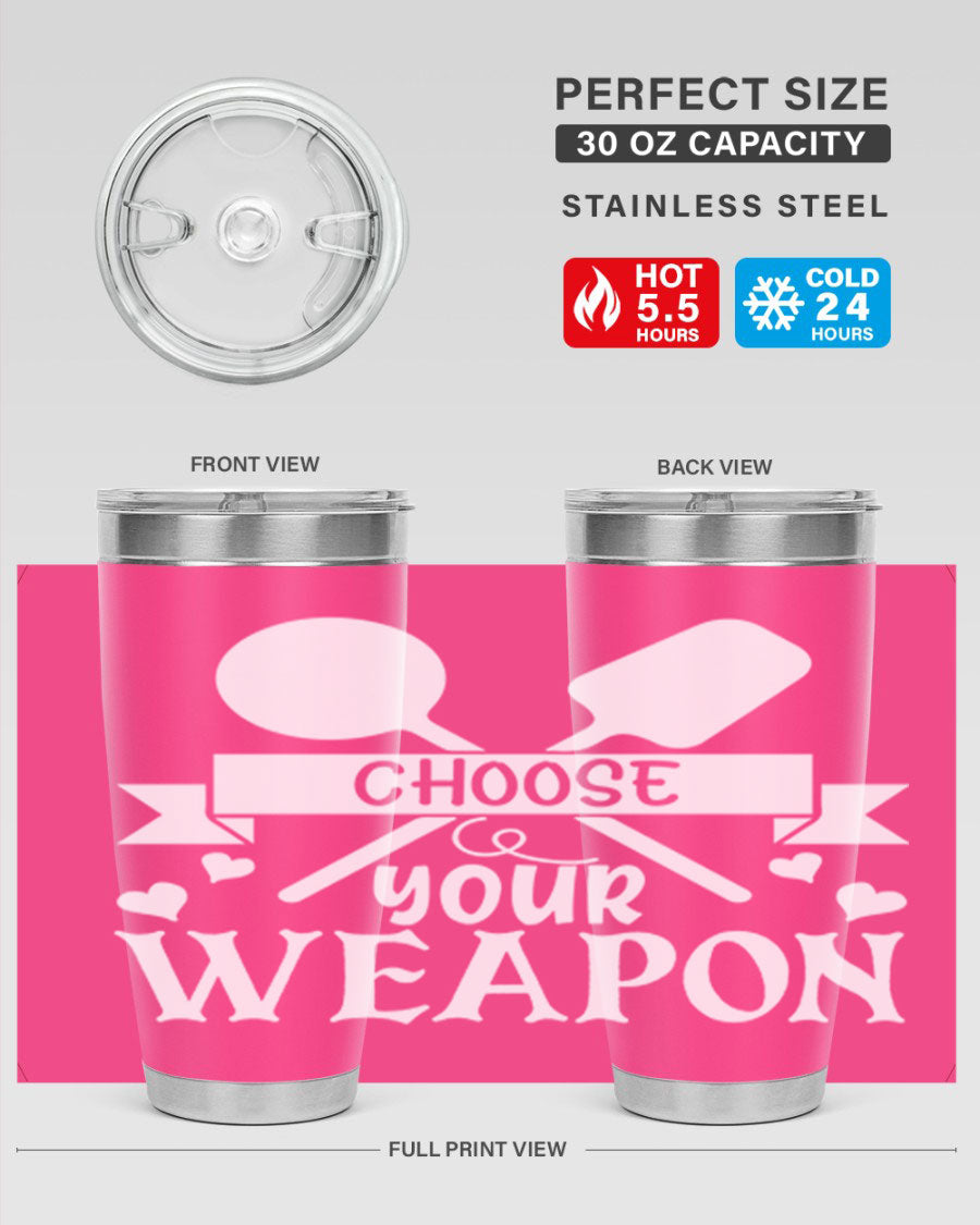 Choose Your Weapon 48# Kitchen Tumbler in stainless steel with a vibrant design, showcasing its double wall vacuum insulation and drink-thru lid.