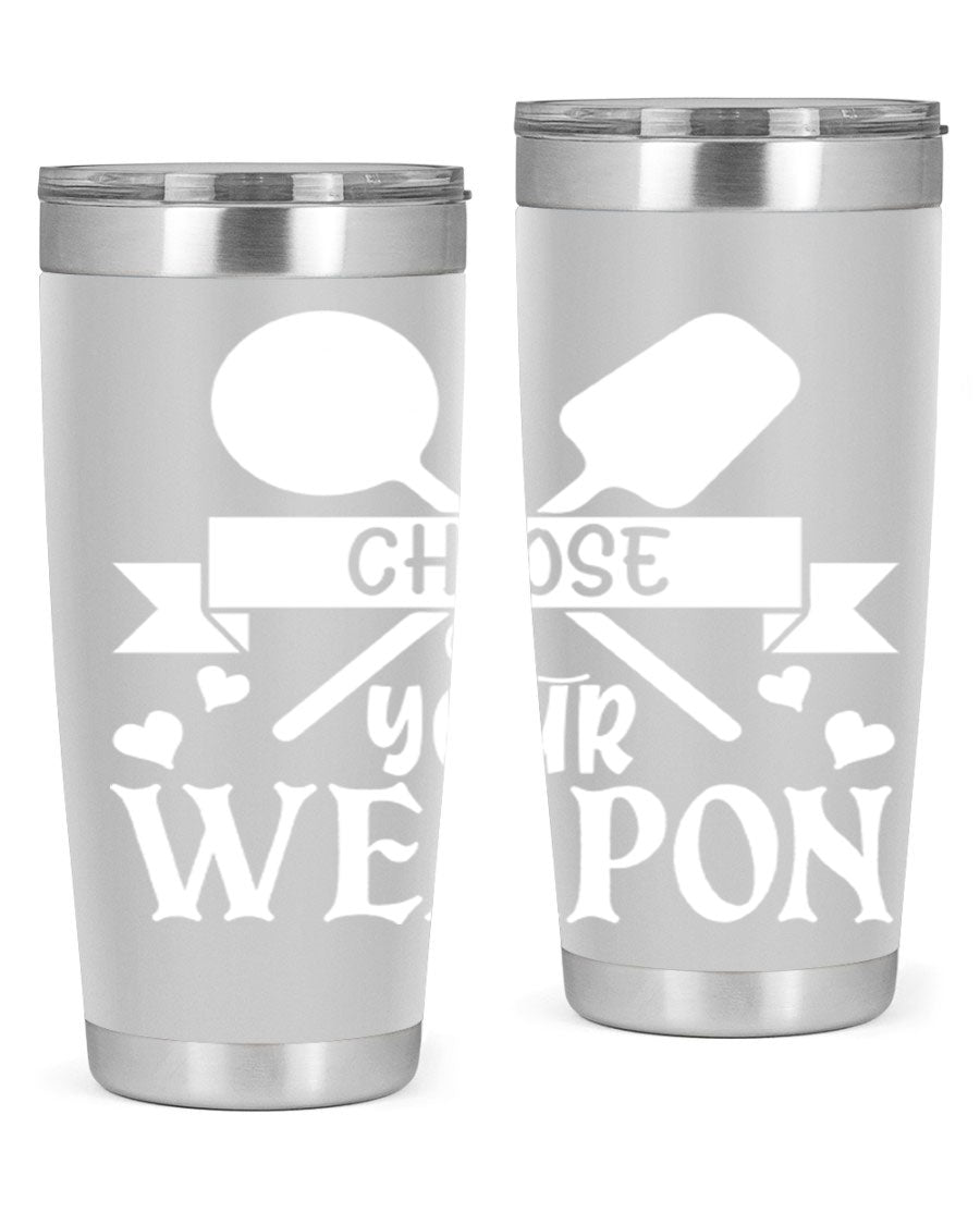 Choose Your Weapon 48# Kitchen Tumbler in stainless steel with a vibrant design, showcasing its double wall vacuum insulation and drink-thru lid.